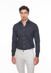 мъжка риза щампа с дълъг ръкав. Син цвят, класическа яка и бродерия на гърдите. 