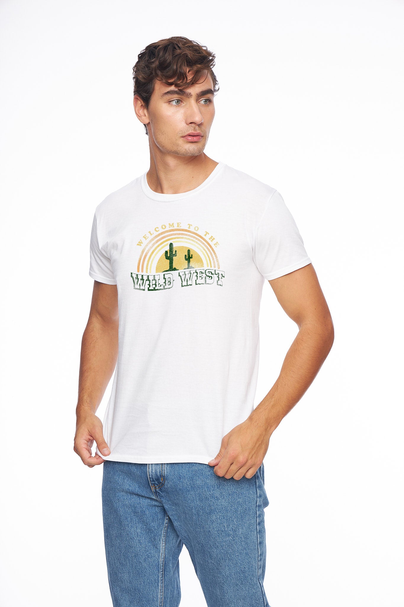 мъжка бяла тениска с щампа Wild West